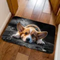 Detail view of a 3D cute Corgi doormat placed on wooden floor, anti-slip absorbent bath mat. - Black Background Corgi Peeking Style