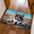 Husky puppy printed anti-slip absorbent floor mat detail view for home hallway decor - Seaside Siberian Husky Style