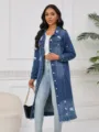 Women's long distressed denim jacket trench coat, vintage wash casual outerwear with buttons. - S / Dark Blue