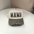 Detail view of the beige cotton baseball cap with leopard print brim and MAMA embroidery. - Adjustable / 3D Embroidered Beige Leopard Patchwork MAMA