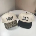 Washed cotton baseball cap, DAD and MOM embroidered couple hat, leopard brim variant. - Adjustable / 3D Embroidered Colorblock DAD+MOM Set