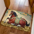 Non-slip absorbent floor mat featuring a 3D visual auspicious horse and gold coins design for home. - Red-Brown Galloping Horse Style