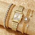 Vista detallada del conjunto de reloj de cuarzo cuadrado de lujo para mujer con pulseras doradas. - Juego Joyas Esfera Dorado Blanco / Juego Reloj Pulsera (Sin Caja) / Blanco y Dorado