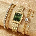 Elegante reloj de cuarzo rectangular para mujer con esfera verde y pulseras doradas. - Juego Joyas Esfera Dorado Verde / Juego Reloj Pulsera (Sin Caja) / Verde y Dorado