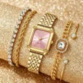 Reloj de cuarzo cuadrado de oro para mujer y juego de pulseras de lujo accesorios - Juego Joyas Esfera Dorado Rosa / Juego Reloj Pulsera (Sin Caja) / Dorado Rosa