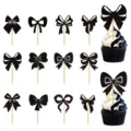 Schwarzer Glitzer Schleife Kuchen Topper Set, verschiedene Formen Cupcake Piker für Party. - 24 / Schwarz