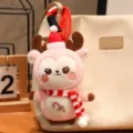 Cute Christmas reindeer plush keychain, pink elk doll bag pendant with scarf decor. - Pink Reindeer (Cane)