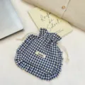 Blue and white gingham drawstring pouch, cute ruffled cloth storage bag for daily use. - Navy Blue Plaid