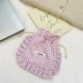 Pink gingham drawstring storage bag with ruffle lace trim, sweet fabric pouch for underwear. - Light Purple Plaid