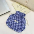Blue white gingham drawstring pouch detail shot, sweet ruffle storage bag for small items. - Dark Blue Plaid