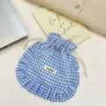 Blue and white gingham ruffled drawstring pouch, cute fabric storage bag for daily organization. - Small Blue Square Plaid
