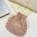 Brown gingham drawstring pouch with ruffles, cute fabric storage bag for socks and underwear. - Brown Plaid