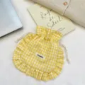 Yellow gingham drawstring pouch with ruffles and cute fabric label for travel storage makeup bag - Yellow Plaid