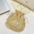 Yellow and purple plaid drawstring pouch, sweet fabric storage bag with cute ruffle details. - Yellow Purple Plaid