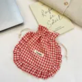 Red and white checkered drawstring pouch sweet fabric makeup storage bag for travel cosmetics - Brick Red Plaid