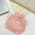 Pink plaid ruffle drawstring pouch detail, cute fabric storage bag for small items - Pink Plaid