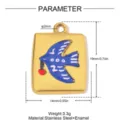 Goldener Edelstahl blauer Vogel Emaillierter Anhänger DIY Schmuck Charm mit Maßangaben. - Quadratischer Blauer Vogel Stil (YK1377)