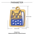 Edelstahl blauer Emaillierter Katzen Anhänger Detailansicht, goldener Anhänger mit Maßen. - Quadratische Blaue Katze Stil (YK1378)