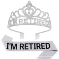Retired tiara and sash set, rhinestone crown for retirement party celebration events. - Crown and Sash Set / Silver White