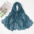 Detailed close-up of dark blue crinkled voile long scarf, lightweight solid color casual shawl. - 180x90cm / 孔蓝色