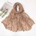 Stylish crinkled long scarf in solid khaki color, lightweight breathable fabric shawl for women. - 180x90cm / Camel