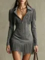 Western fringe long sleeve mini dress deep v lapel zipper slim fit party clubwear outfit - Gray