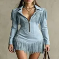 Western fringe long sleeve mini dress featuring deep V-neck and zipper, perfect for party. - Light Blue
