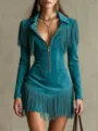 Western fringe long sleeve short dress, deep V lapel, zipper bodycon party dress style. - S / Dresses / Teal