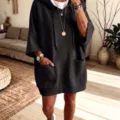 Oversized hooded sweatshirt dress with dual pockets and casual drawstring daily wear style - S / Dresses / Black