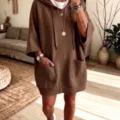 Oversized brown hooded sweatshirt dress with front pockets casual long sleeve fall outfit for women - S / Dresses / Brown