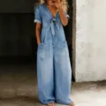 Women summer casual denim jumpsuit short sleeve V-neck wide leg pants pockets chic style - Light Blue