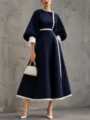 Elegant dark blue color-blocked midi dress featuring 3/4 lantern sleeves and chic waist design. - S / Dresses / Navy Blue