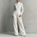 Conjunto minimalista de camisa blanca de lino manga larga cuello mao y pantalón ancho principal - XS / Top y Pantalones / Blanco