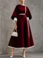 Elegant contrast midi dress with 3/4 lantern sleeves and slim waist fit for women. - S / Dresses / Burgundy
