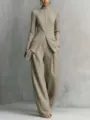 Conjunto de mujer con camisa entallada de cuello alto y pantalón ancho elegante chic - XS / Top y Pantalones / Gris