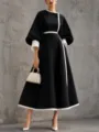 Elegant black colorblock midi dress with puff sleeves, stylish waist-cinching design for women. - S / Dresses / Black