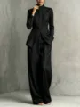Conjunto de dos piezas negro de lino con camisa de cuello mandarín y pantalón ancho - XS / Top y Pantalones / Negro