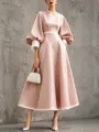 Elegant pink midi dress with white contrast trim, lantern sleeves, and fitted waist. - Pink