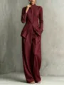 Conjunto de dos piezas con camisa de cuello mao y pantalones anchos para mujer elegante. - XS / Top y Pantalones / Burdeos