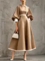 Chic puff sleeve contrast trim midi dress, elegant waist cinching khaki style option. - Khaki