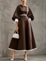 Elegant brown midi dress with white contrast trim, lantern sleeves, and stylish waist design. - Coffee