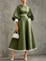 Elegant green colorblock midi dress with lantern sleeves and waist cinched design. - Army Green