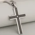 Stainless steel cross pendant necklace with carbon fiber pattern and sparkling crystal center stone. - Pendant Only (DZ471) / Silver + Black