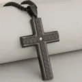 Stylish black stainless steel cross pendant necklace with textured design and stone. - Pendant Only (DZ471) / Black