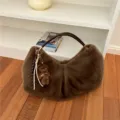 Brown plush shoulder bag detail, cozy fuzzy winter underarm handbag with cute bear charm. - Brown With Pendant