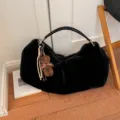 Black plush hobo shoulder bag, fluffy underarm handbag with cute bear charm and handle. - Black With Pendant