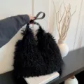 Black fluffy plush tote bag for women, stylish curly faux fur handbag for autumn winter. - Black