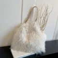 White fluffy plush shoulder bag for women, stylish autumn winter hobo handbag with strap. - White
