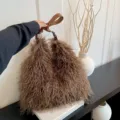 Plush shoulder bag for women winter fluffy handbag brown leather strap soft casual commuter tote - Coffee