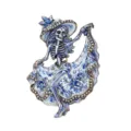 Day of the Dead dancing skeleton brooch pin with blue white floral rhinestone design. - Dancing Girl (Blue And White Porcelain Style) / Blue and White Porcelain